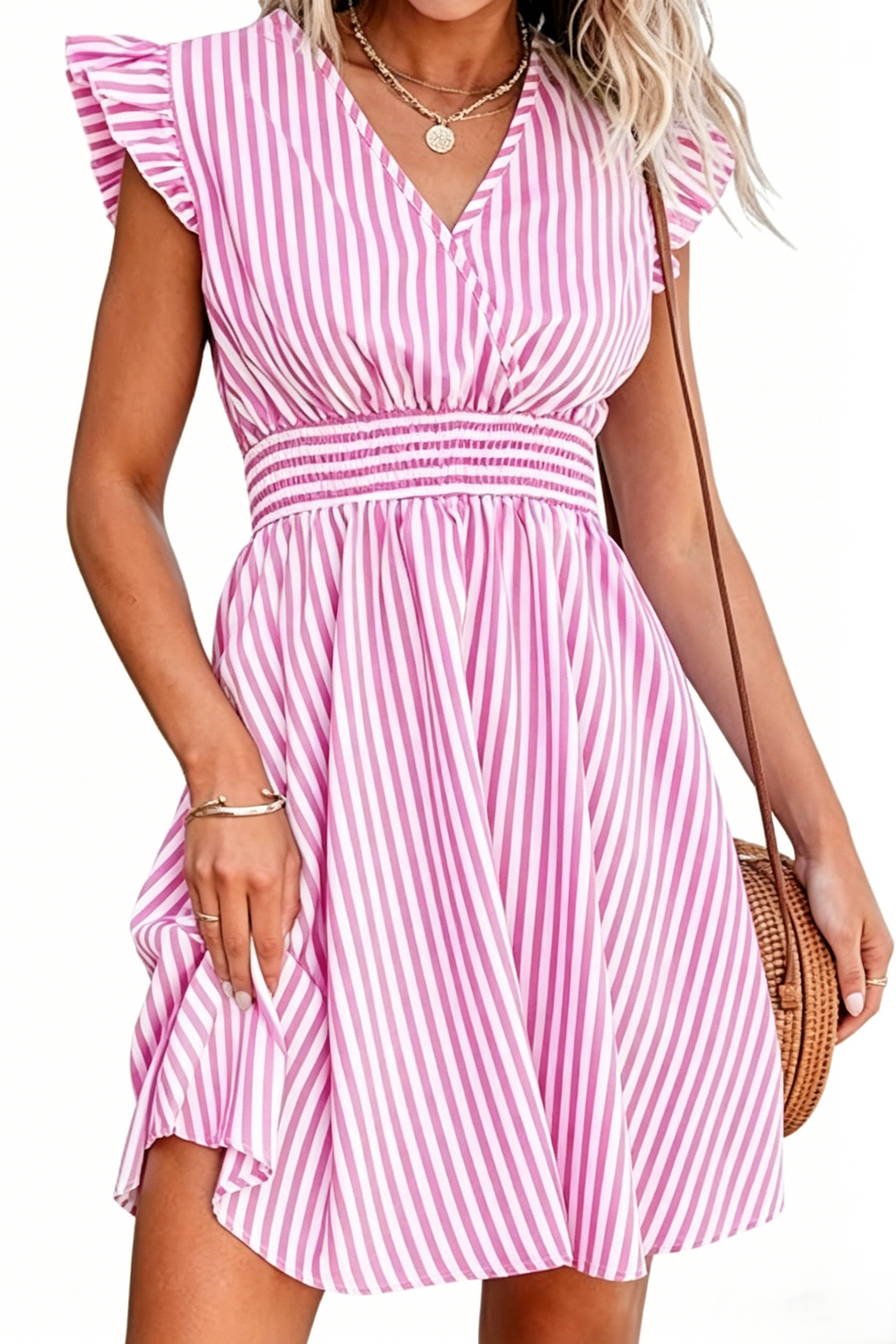 Women's mini dress with V-neck, dropped shoulder sleeves, plaid pattern, waist cinched, floral skirt