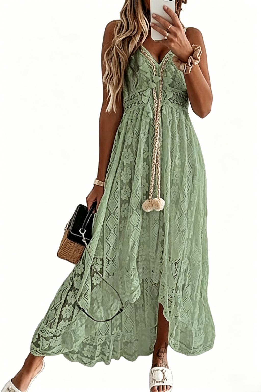 Women's Summer Dresses Sleeveless Lace Casual Tassel Beach Spaghetti Straps Flowy Maxi Sun Dress