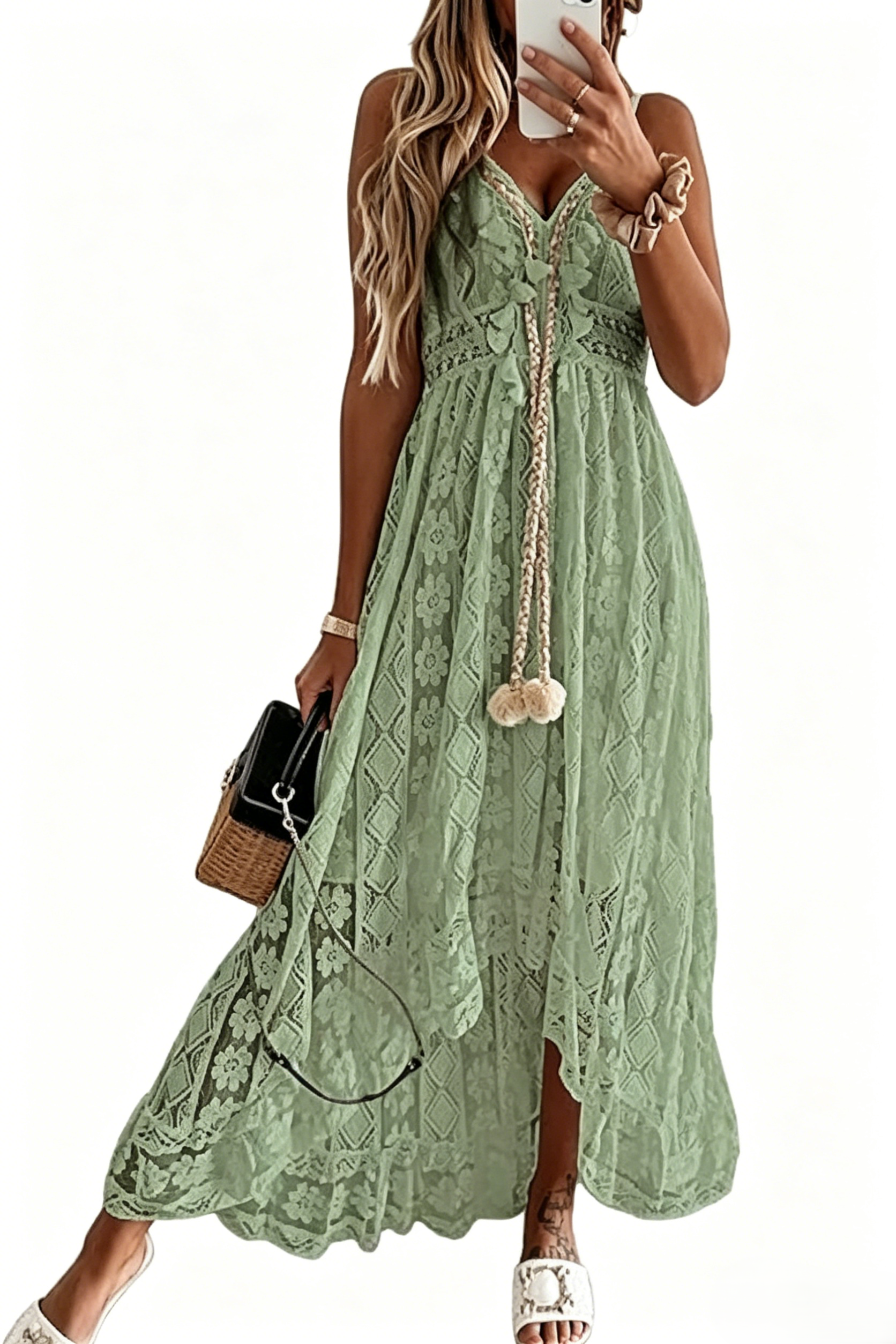 Women's Summer Dresses Sleeveless Lace Casual Tassel Beach Spaghetti Straps Flowy Maxi Sun Dress