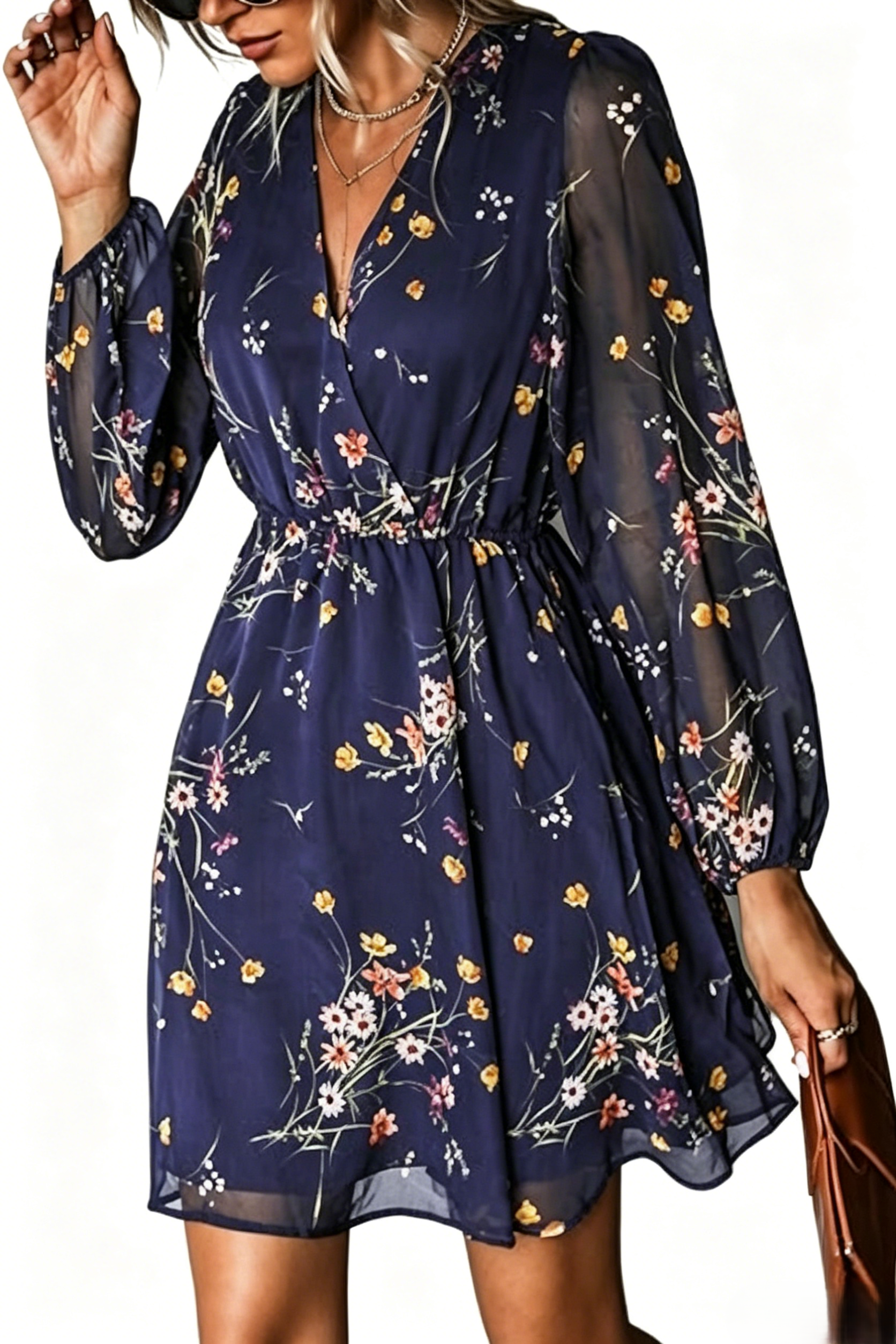 Women's Mini Dresses Casual Spring V Neck Chiffon Long Peasant Sleeves Flowy Spring Dress
