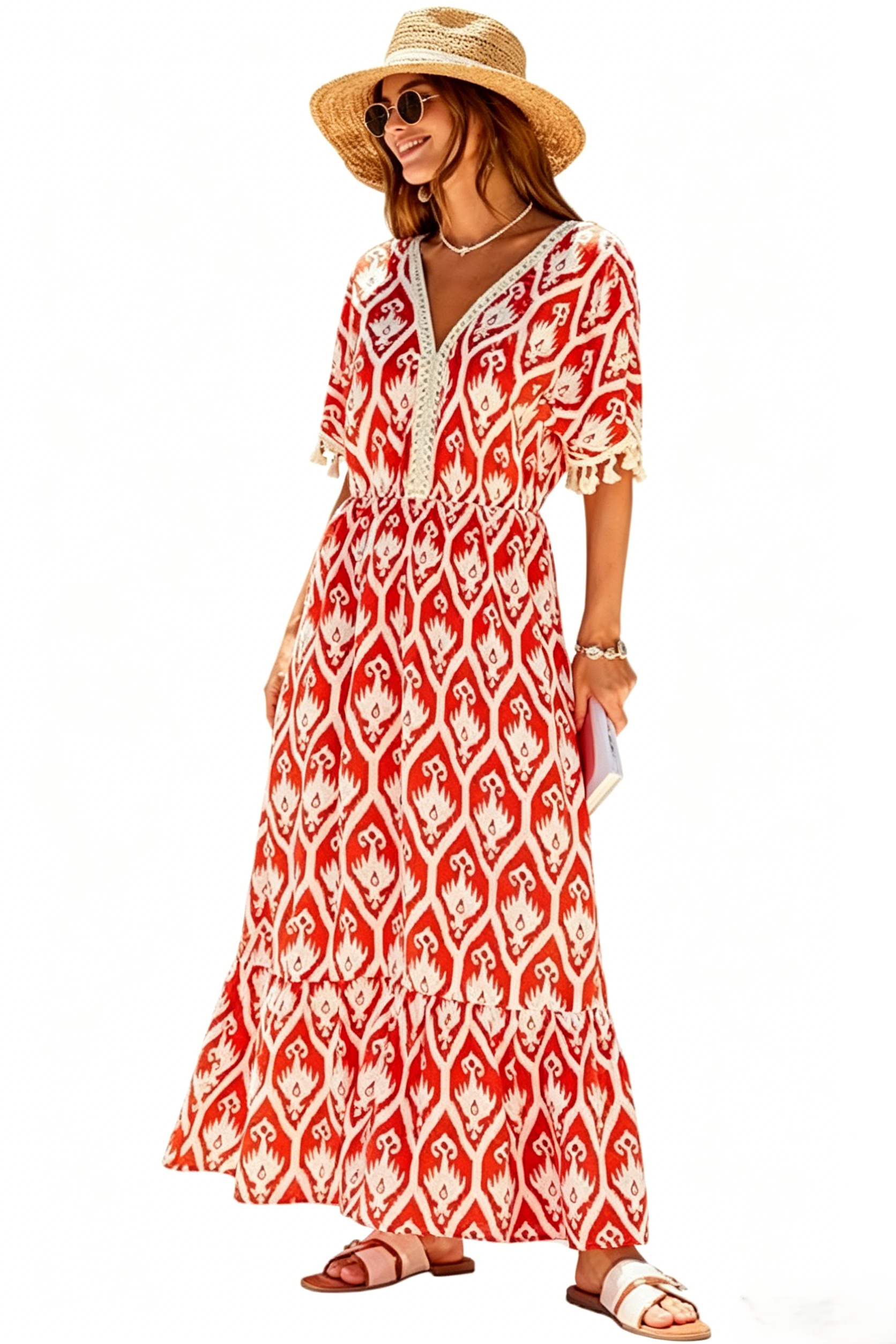 Women Summer Dresses Tassel Tie Front V Neck Batwing Sleeve Smocked Flowy Hawaiian Casual Maxi Dress