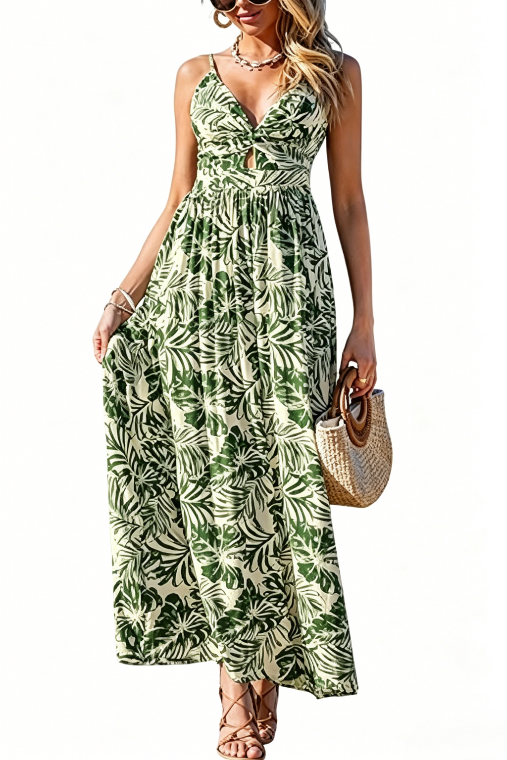 Women's Maxi Dress Floral Print Twisted V Neck Sleeveless Long Dress Summer Casual Dress