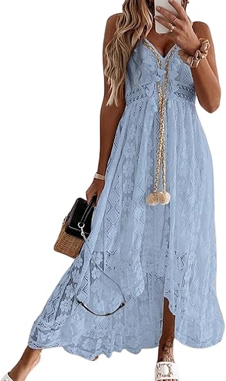 Women's Summer Dresses Sleeveless Lace Casual Tassel Beach Spaghetti Straps Flowy Maxi Sun Dress