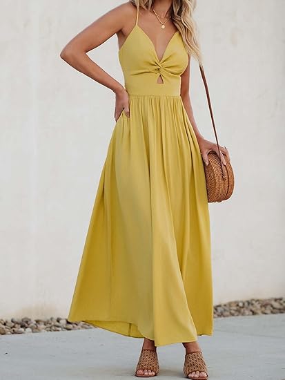 Women Casual Dress Beach Sleeveless V Neck Summer Cutout Spaghetti Straps Formal Maxi Sun Dresses