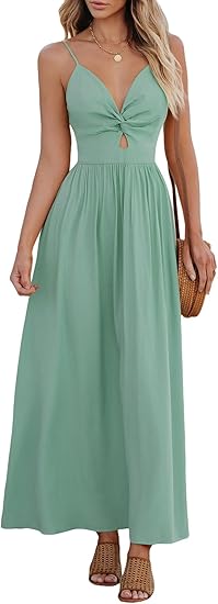 Women Casual Dress Beach Sleeveless V Neck Summer Cutout Spaghetti Straps Formal Maxi Sun Dresses