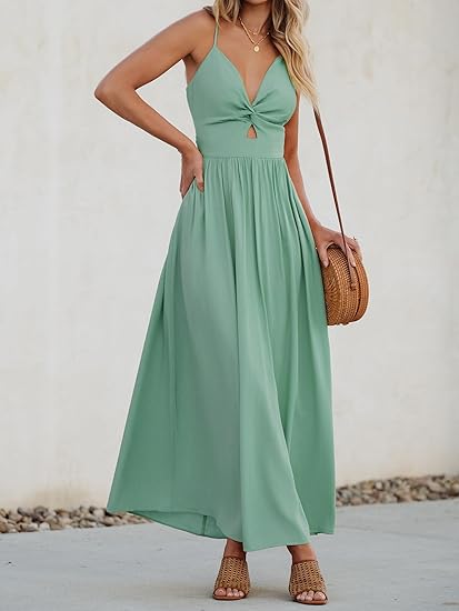 Women Casual Dress Beach Sleeveless V Neck Summer Cutout Spaghetti Straps Formal Maxi Sun Dresses