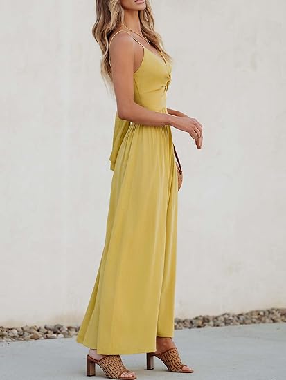 Women Casual Dress Beach Sleeveless V Neck Summer Cutout Spaghetti Straps Formal Maxi Sun Dresses