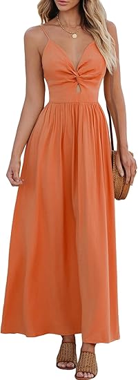 Women Casual Dress Beach Sleeveless V Neck Summer Cutout Spaghetti Straps Formal Maxi Sun Dresses