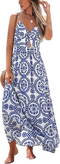 Women's Maxi Dress Floral Print Twisted V Neck Sleeveless Long Dress Summer Casual Dress