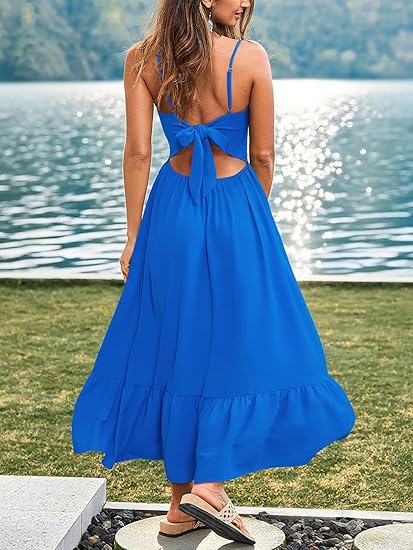 Women's Dresses Spaghetti Strap V Neck Summer Beach Vacation Sundress Sleeveless Floral Self Tie