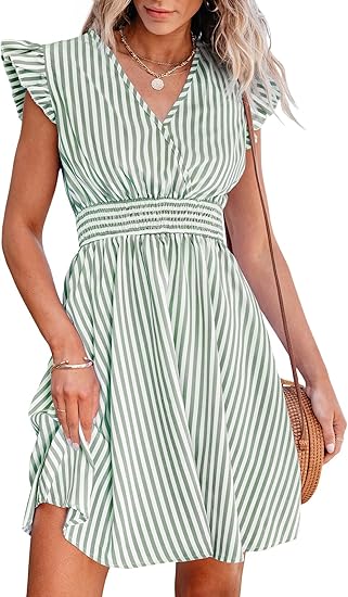 Women's mini dress with V-neck, dropped shoulder sleeves, plaid pattern, waist cinched, floral skirt