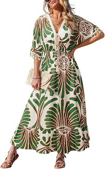 Women Summer Dresses Tassel Tie Front V Neck Batwing Sleeve Smocked Flowy Hawaiian Casual Maxi Dress