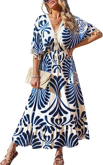 Women Summer Dresses Tassel Tie Front V Neck Batwing Sleeve Smocked Flowy Hawaiian Casual Maxi Dress