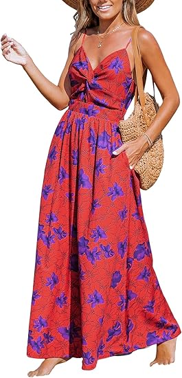 Women's Maxi Dress Floral Print Twisted V Neck Sleeveless Long Dress Summer Casual Dress