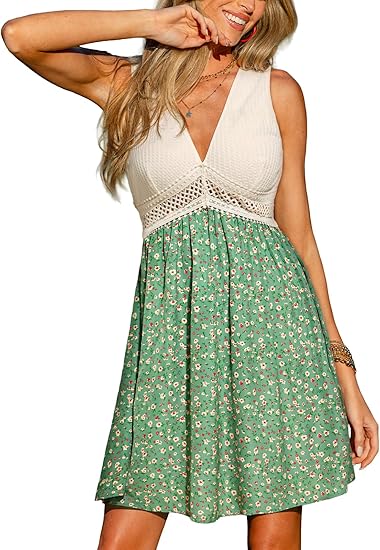 Womens Floral V Neck Mini Sundress Lace Wast Tie Back Backless Dress Summer Beach Vacation Short Dress