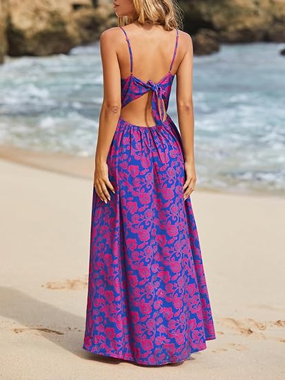 Women's Maxi Dress Floral Print Twisted V Neck Sleeveless Long Dress Summer Casual Dress