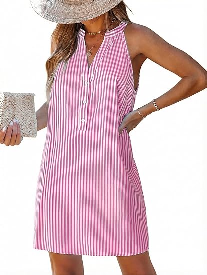 Womens Summer Dresses leeveless Striped Button Up Mini Casual Coverup Dress
