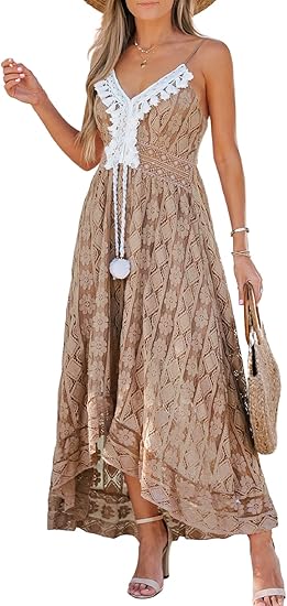Women's Summer Dresses Sleeveless Lace Casual Tassel Beach Spaghetti Straps Flowy Maxi Sun Dress