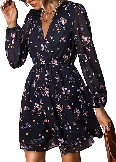 Women's Mini Dresses Casual Spring V Neck Chiffon Long Peasant Sleeves Flowy Spring Dress
