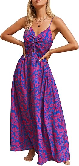 Women's Maxi Dress Floral Print Twisted V Neck Sleeveless Long Dress Summer Casual Dress