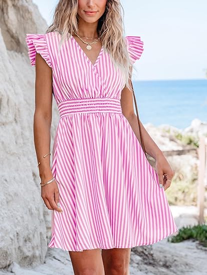 Women's mini dress with V-neck, dropped shoulder sleeves, plaid pattern, waist cinched, floral skirt