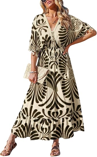 Women Summer Dresses Tassel Tie Front V Neck Batwing Sleeve Smocked Flowy Hawaiian Casual Maxi Dress