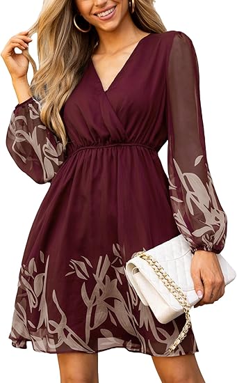 Women's Mini Dresses Casual Spring V Neck Chiffon Long Peasant Sleeves Flowy Spring Dress