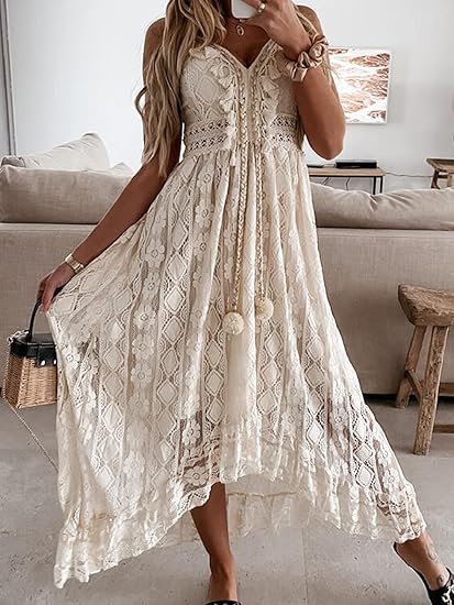 Women's Summer Dresses Sleeveless Lace Casual Tassel Beach Spaghetti Straps Flowy Maxi Sun Dress