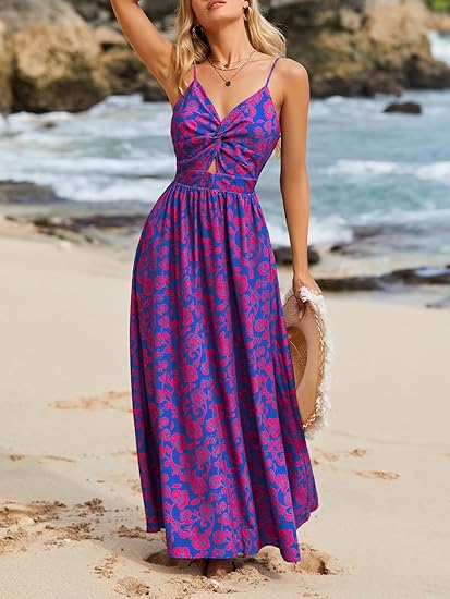 Women's Maxi Dress Floral Print Twisted V Neck Sleeveless Long Dress Summer Casual Dress