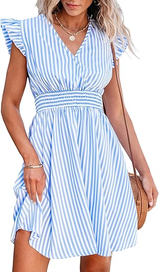 Women's mini dress with V-neck, dropped shoulder sleeves, plaid pattern, waist cinched, floral skirt